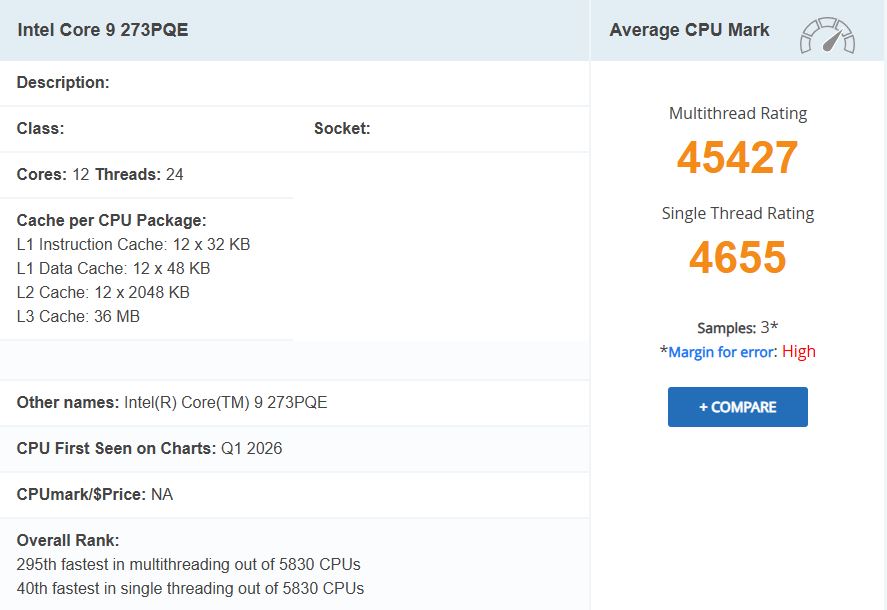 Core-9-273PQE-PassMark تسريب أداء Intel Core 9 273PQE: قوة كبيرة رغم عدد أنوية أقل!
