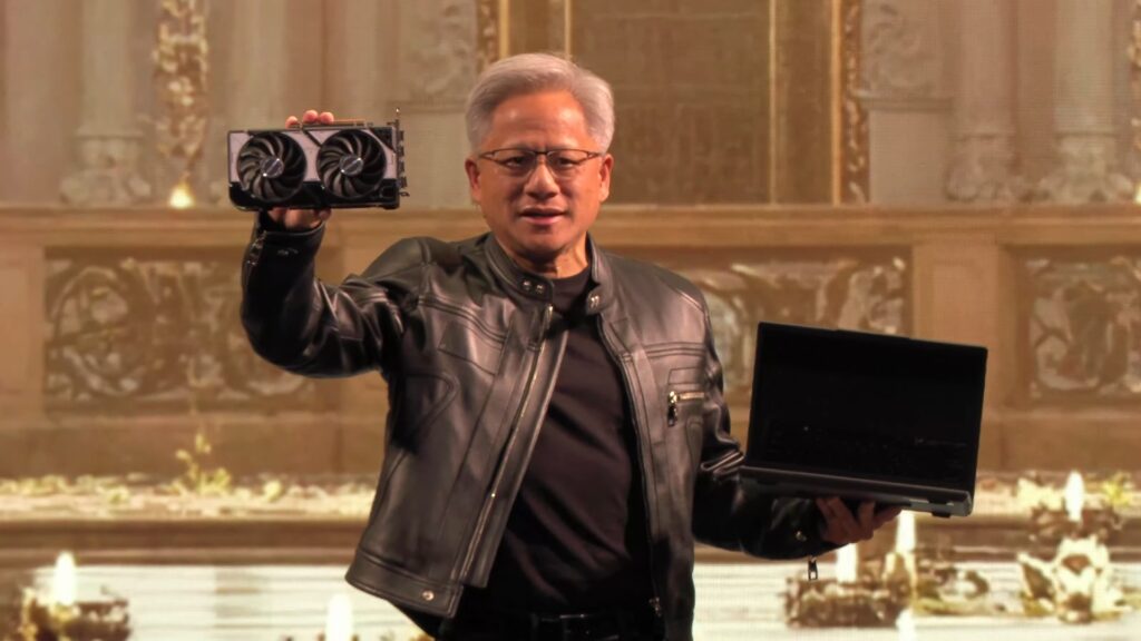 Nvidia-CEO-Jensen-Huang-at-Computex-2025-holding-RTX-5060-and-laptop-1024x576 هل تهدد NVIDIA عرش Intel و AMD في اللابتوبات؟